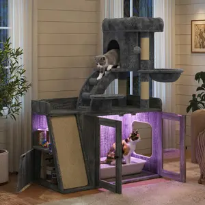 [Bellemave]Litter Box Enclosure with Cat Tree, Hidden Litter Box with LED Light, Sisal Scratching Board and Storage Space, Modular Litter Box Furniture with Condo and Platform, All-in-one Cat Tower, Black