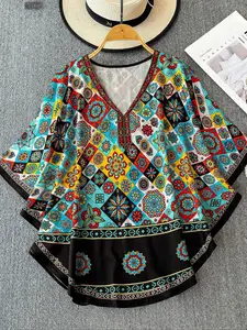 Plus Size Women's Ethnic Style Short Sleeve Printed T-Shirt, Casual Spring & Fall Fashion, Comfortable Fit, Trendy Design