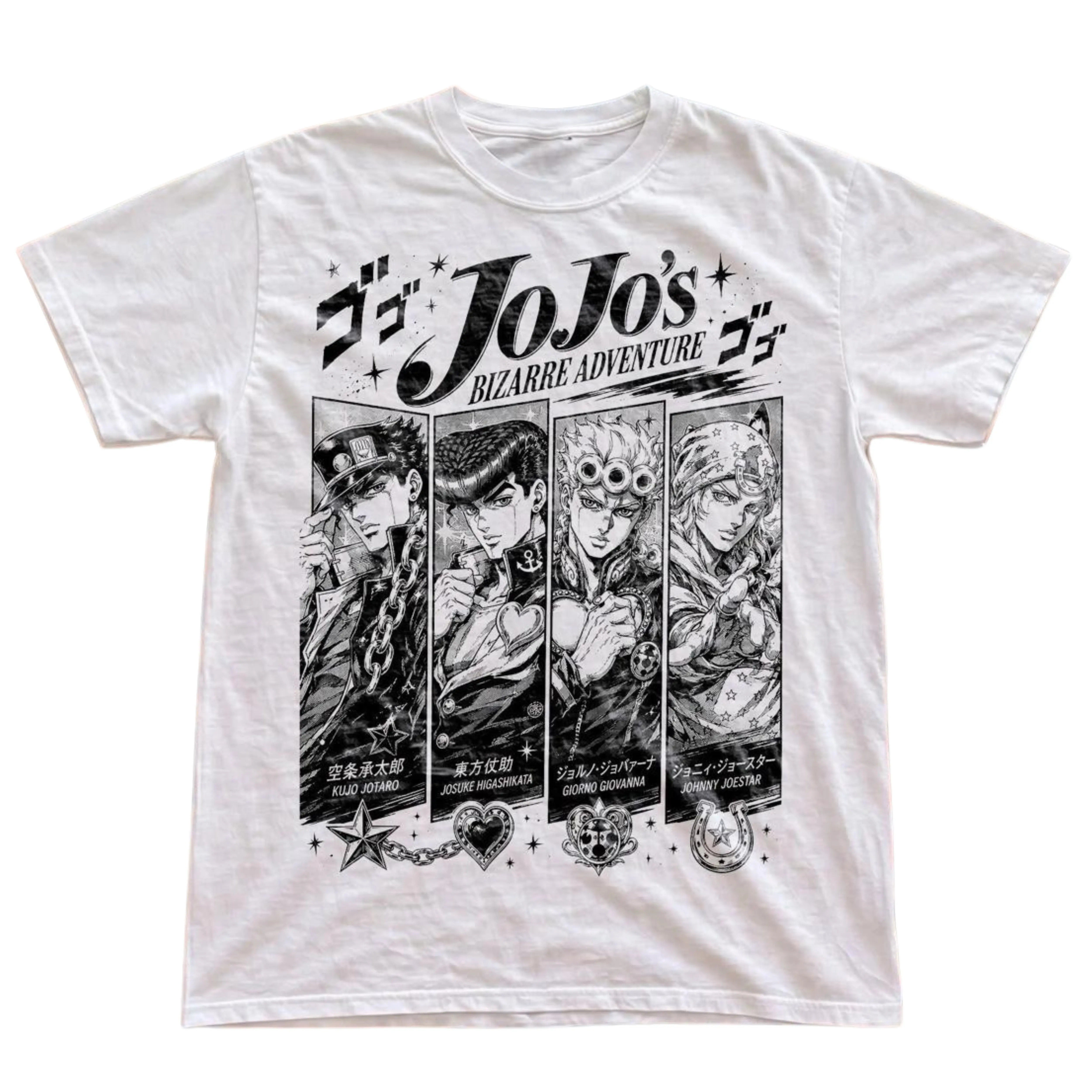 Gildan Men's and Women's T-Shirt, Vintage JoJo's Bizarre Adventure Graphic Tee, Jotaro Kujo Josuke Giorno Johnny Shirt, Manga Panels Top, JoStar Group Merch, Retro Anime Streetwear, Japanese Katakana Apparel, Y2K Grunge Pop Art, Otaku Clothes Unisex