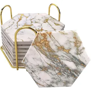 TRAIL RECKONING Coasters Set of 8 with Metal Holder Stand, Marble Design Ceramic Coaster Set, Cork Base,   Decor for Tabletop Protection,  Decor, Bar Cart Accessories (Golden)