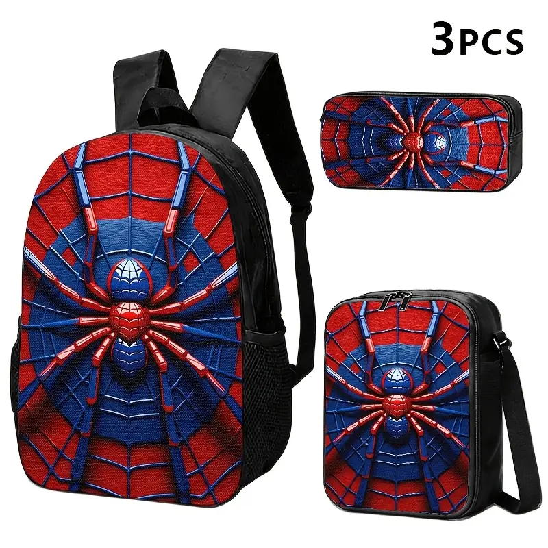 Boys' 3-Piece Spider Print Backpack Set with 3D-Style Spider Emblem, Water-Resistant School Bag, Lunch Box & Pencil Case, Padded Straps, Fits 15-Inch Laptop, First Day Of School, Zipper, Spider Web