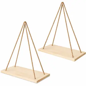 Handmade Woven Hanging Shelves Set, Bohemian Wall Decor, Rustic Wooden Floating Storage Rack, Wooden Wall Shelf, Perfect for Bedroom, Bathroom, Living Room, Wall Organizer Shelf