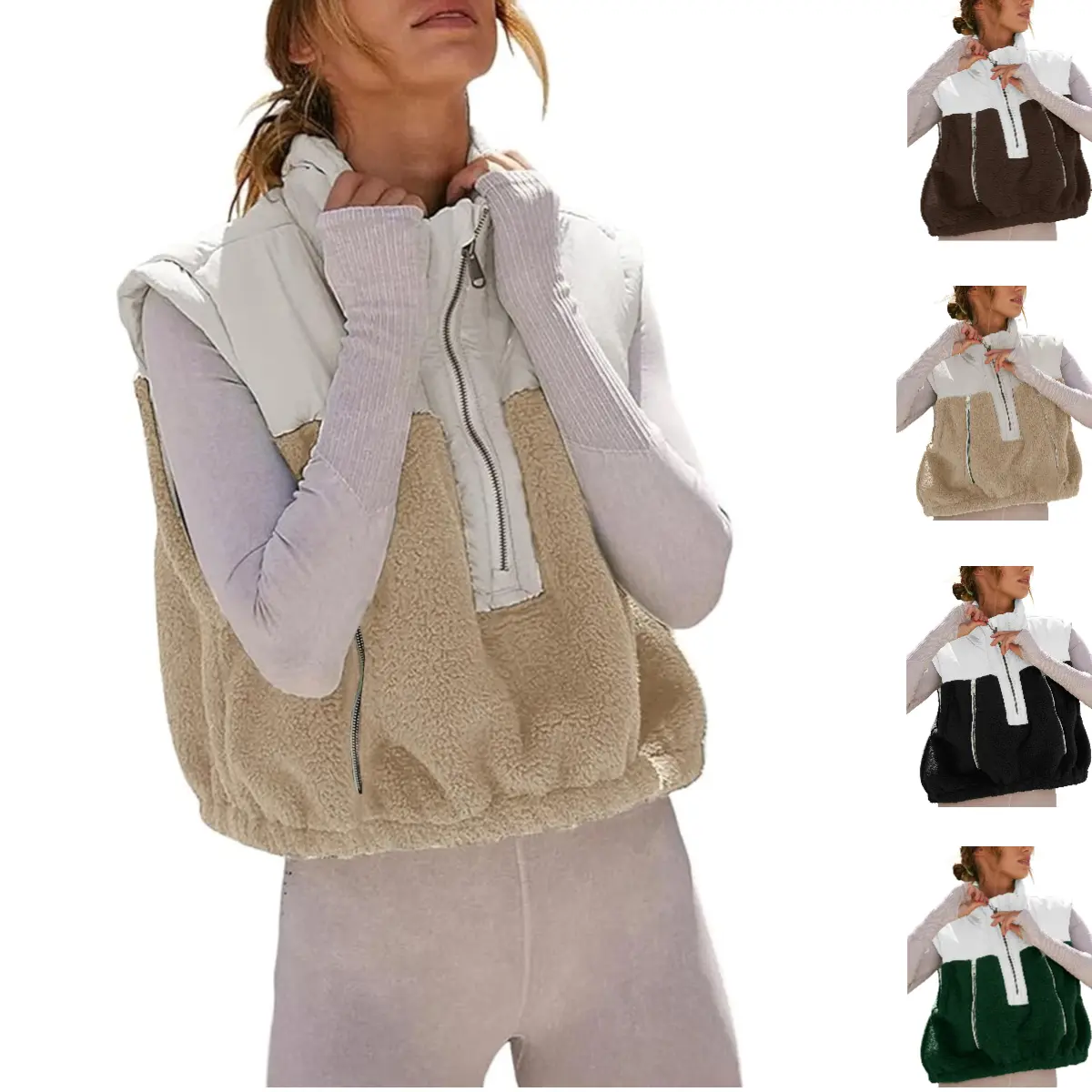 Tanming Women's Casual Sherpa Fleece Vest, Lightweight Half-Zip Pullover with Stand Collar and Kangaroo Pocket for Fall Layering, Pairs With Tees Or Dresses, Fuzzy, Tops, Fitted