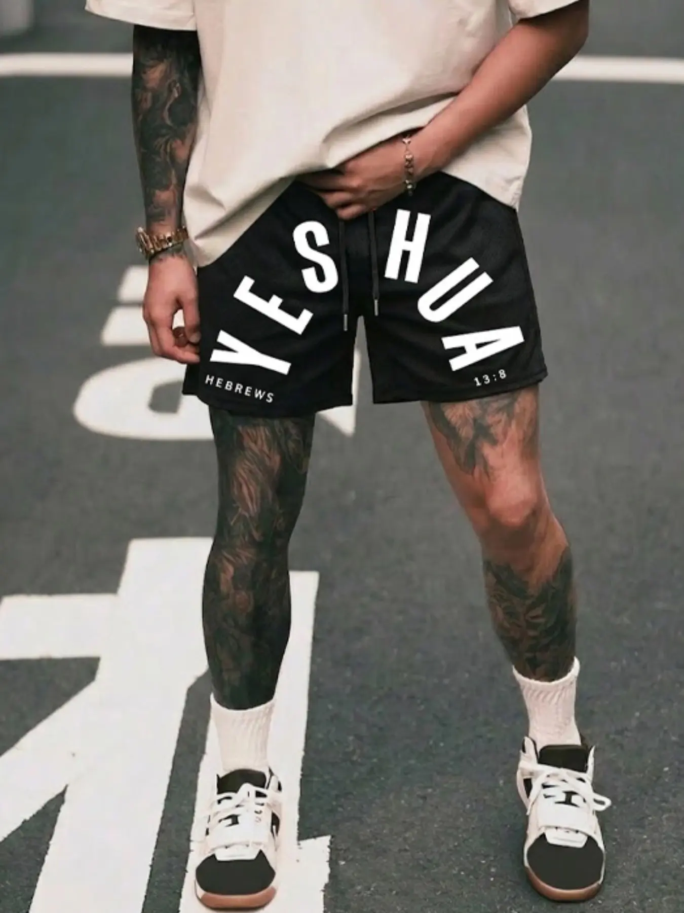 Yeshua Bold Lettering Vintage Graphic Cotton Shorts - 13:8 Scripture Design Sporty Casual Summer Sports Workout Shorts with Functional Pockets - Men's Aesthetic Streetwear for Gym, Running, and Sunday Outfits
