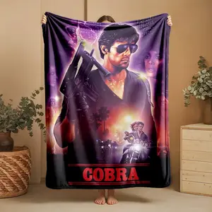 1 piece Cobra movie poster featuring Sylvester Stallone themed flannel blanket - Modern design flannel blanket, suitable for sofas and beds, all-season use, super soft and comfortable, digital printing, 100% polyester material, machine washable