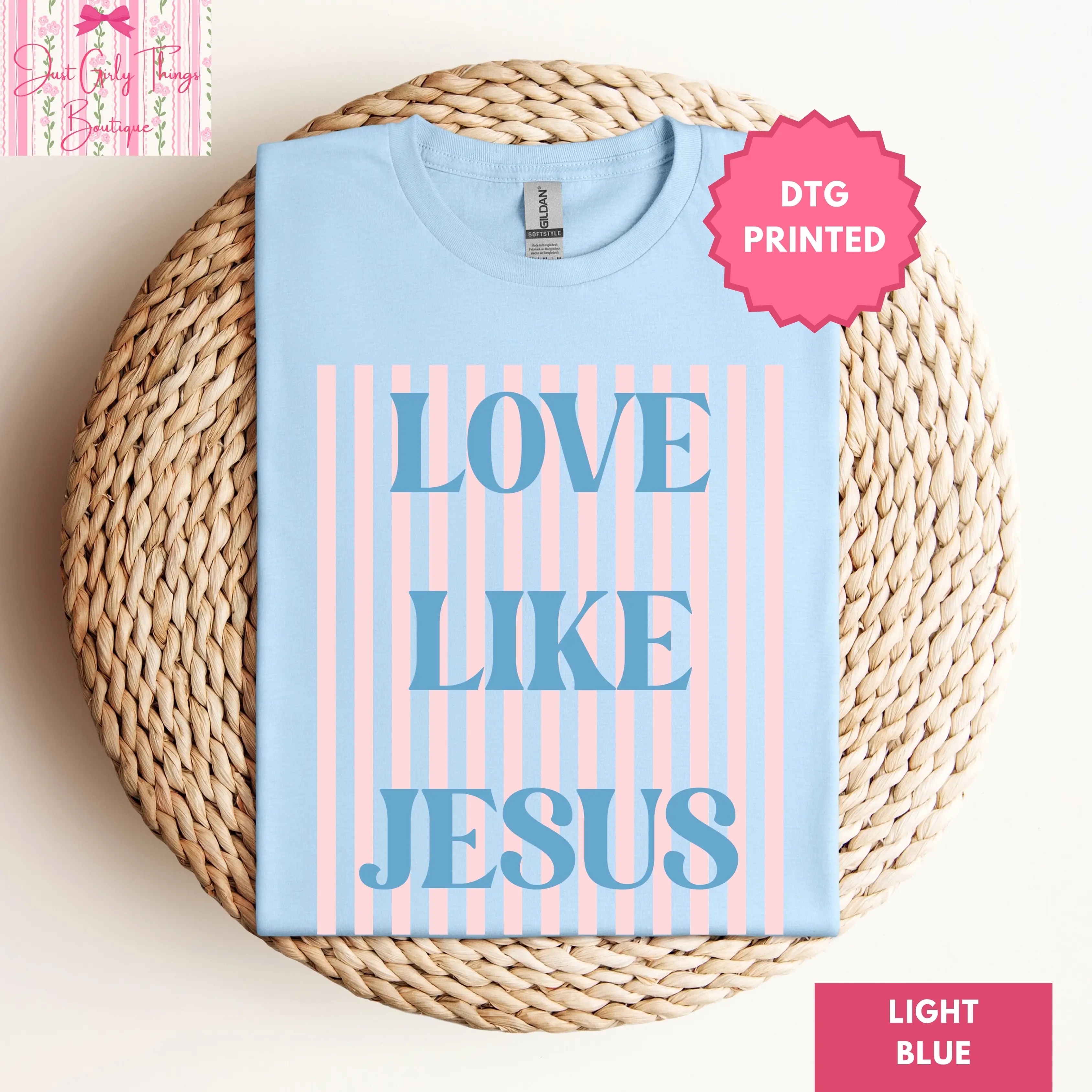 Trendy Striped Love Like Jesus Shirt - Gildan 64000 Softstyle Tee - Preppy Christian Shirt, Preppy Religious Shirt, Preppy Faith Based Shirt, Bible Verse Shirt, Jesus Shirt, Jesus Loves You Shirt, Love Like Jesus Shirt, Jesus is King Shirt