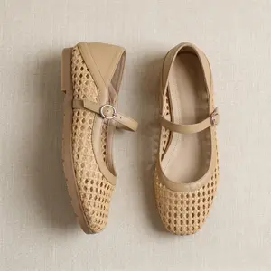 Women's Hand-Woven Mary Jane Flats - Breathable Convertible Ballet Flats, Foldable Heel, Non-Slip Lightweight Summer Shoes