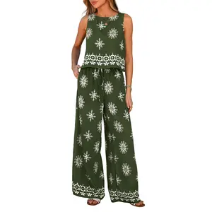 PrettyGarden Women's Summer 2-Piece Lounge Sets Boho Floral Tank Tops Flowy Wide Peg Pants Travel Beach Vacation Outfits