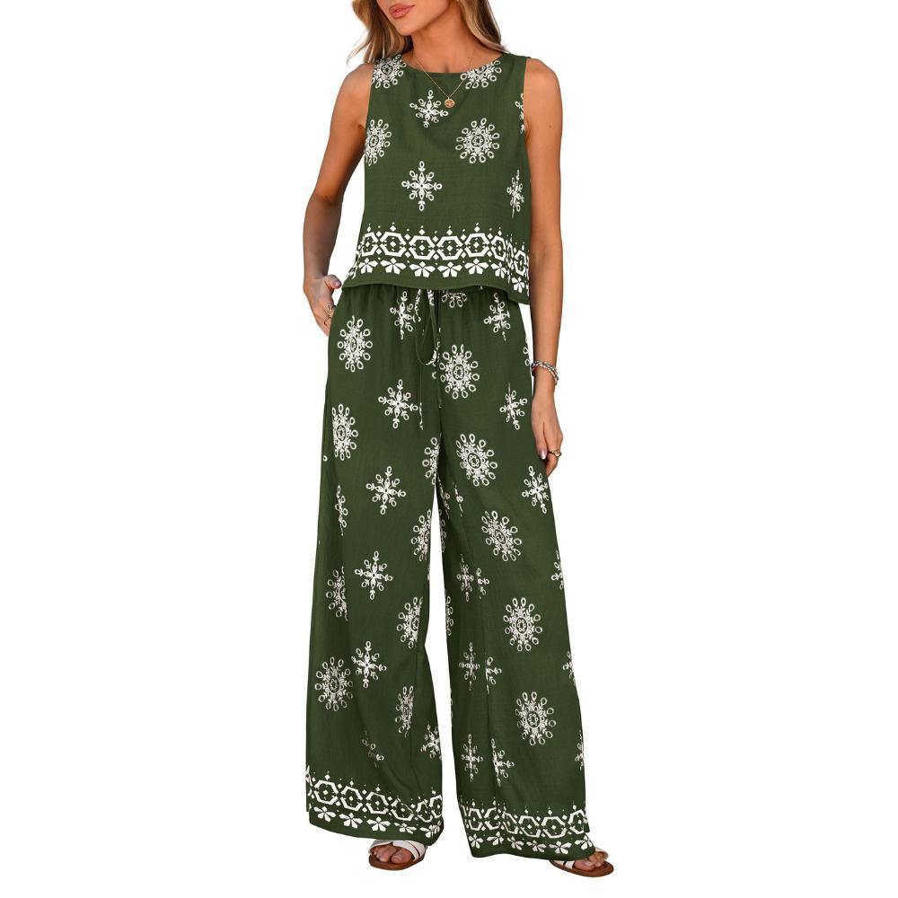 PrettyGarden Women's Summer 2-Piece Lounge Sets Boho Floral Tank Tops Flowy Wide Peg Pants Travel Beach Vacation Outfits