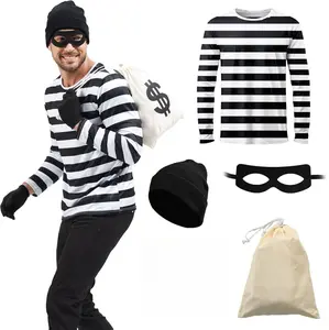 Men’s Robber Costume Set – Thief Cosplay T-Shirt with Burglar Accessories for Adults, Halloween Party Outfit