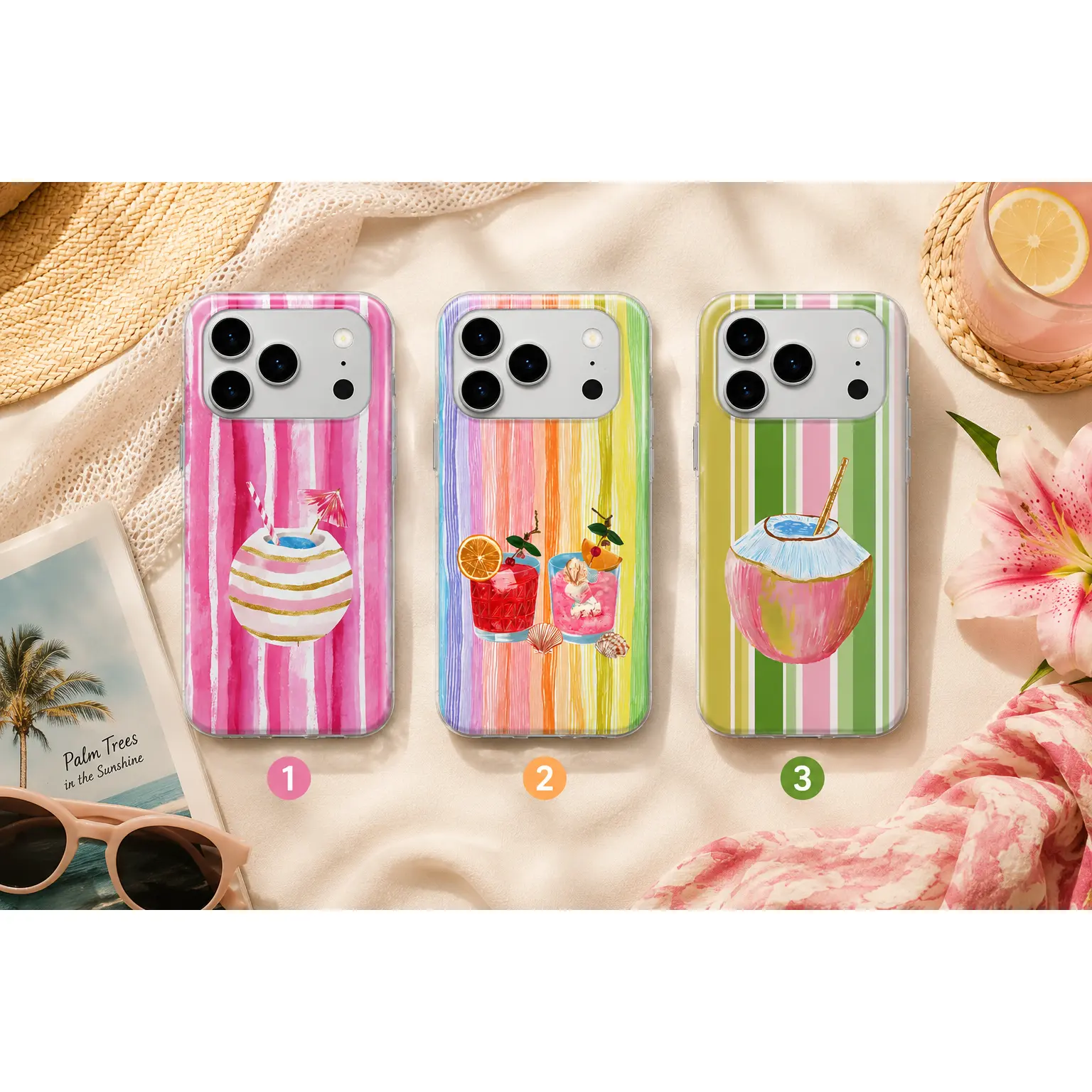 Tropical Coconut Cocktail Phone Case, Colorful Watercolor Stripes Cover