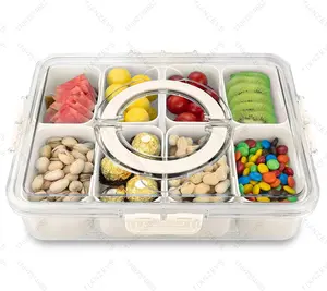 Divided Serving Tray with Lid and Handle - Snackle Box Charcuterie Container for Portable Snack Platters - Clear Organizer for Candy, Fruits, Nuts, Snacks - No Odor Mixing, Perfect for Party, Picnic and Daily Use
