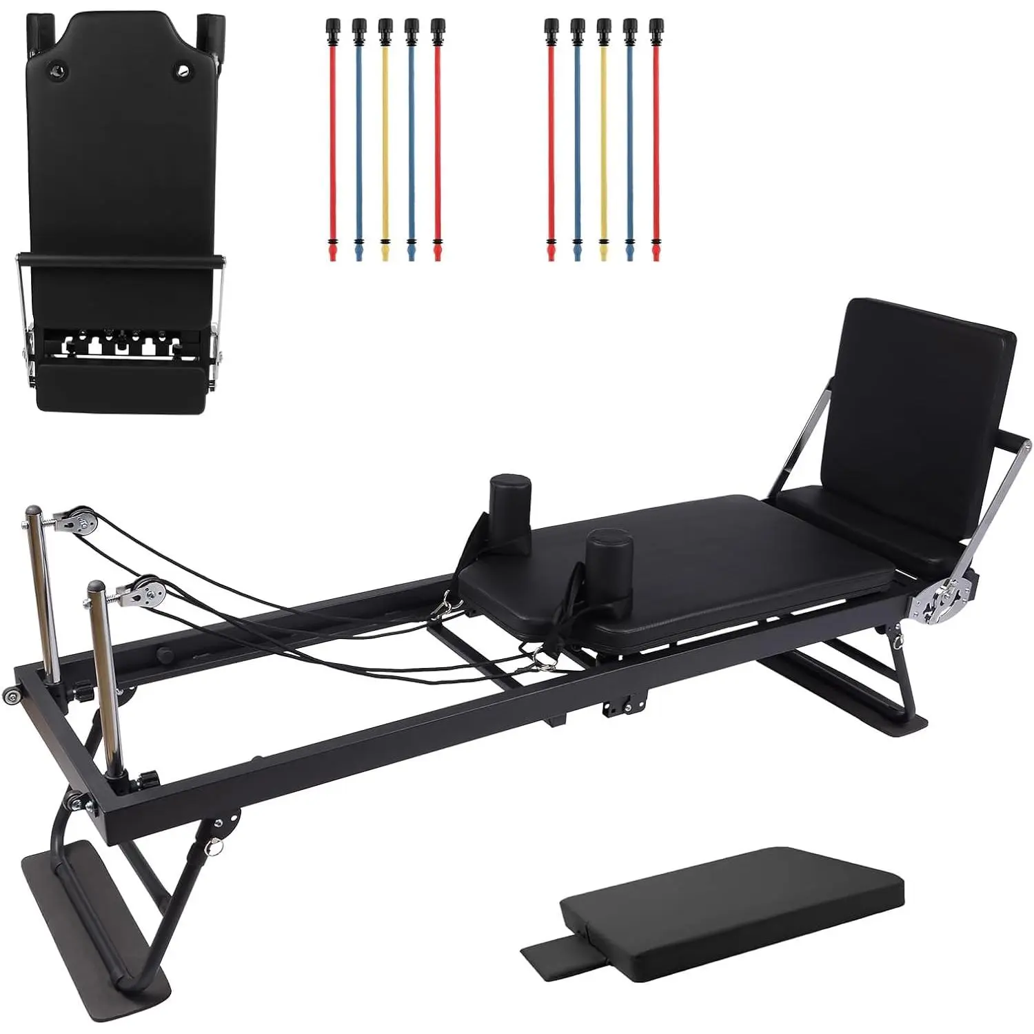 Black Foldable Pilates Reformer Machine with Industrial-Grade Steel Frame, Resistance Springs, Adjustable & Silent Operation, Compact & Foldable Design, Pre-Assembled Space-Saver Bed for Home Workouts, Studio Use