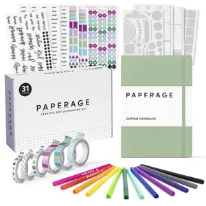 PAPERAGE Bullet Style Journal Kit, Dotted Journaling Starter Kit With Dotted Notebook, Fineliner Pens, Stickers, Stencil Sheets & Washi Tapes
