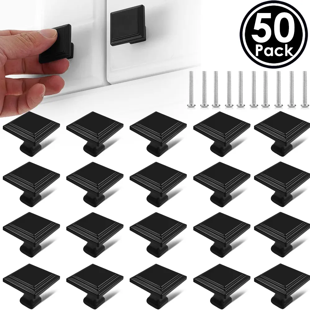 50Pack Matt Black Cabinet Knobs, 1.1 Inch Kitchen Cabinet Hardware Square Knobs for Cupboard and Drawer