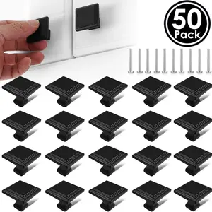 50Pack Matt Black Cabinet Knobs, 1.1 Inch Kitchen Cabinet Hardware Square Knobs for Cupboard and Drawer
