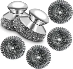 Stainless Steel Scrubber with Handle, Heavy Duty Steel Wool Scrubbers for Pots and Pans, Cast Iron, Steel Wool Scouring Pads for Stove, Oven, Grill, Kitchen, Sink Cleaning Sponges Sponges