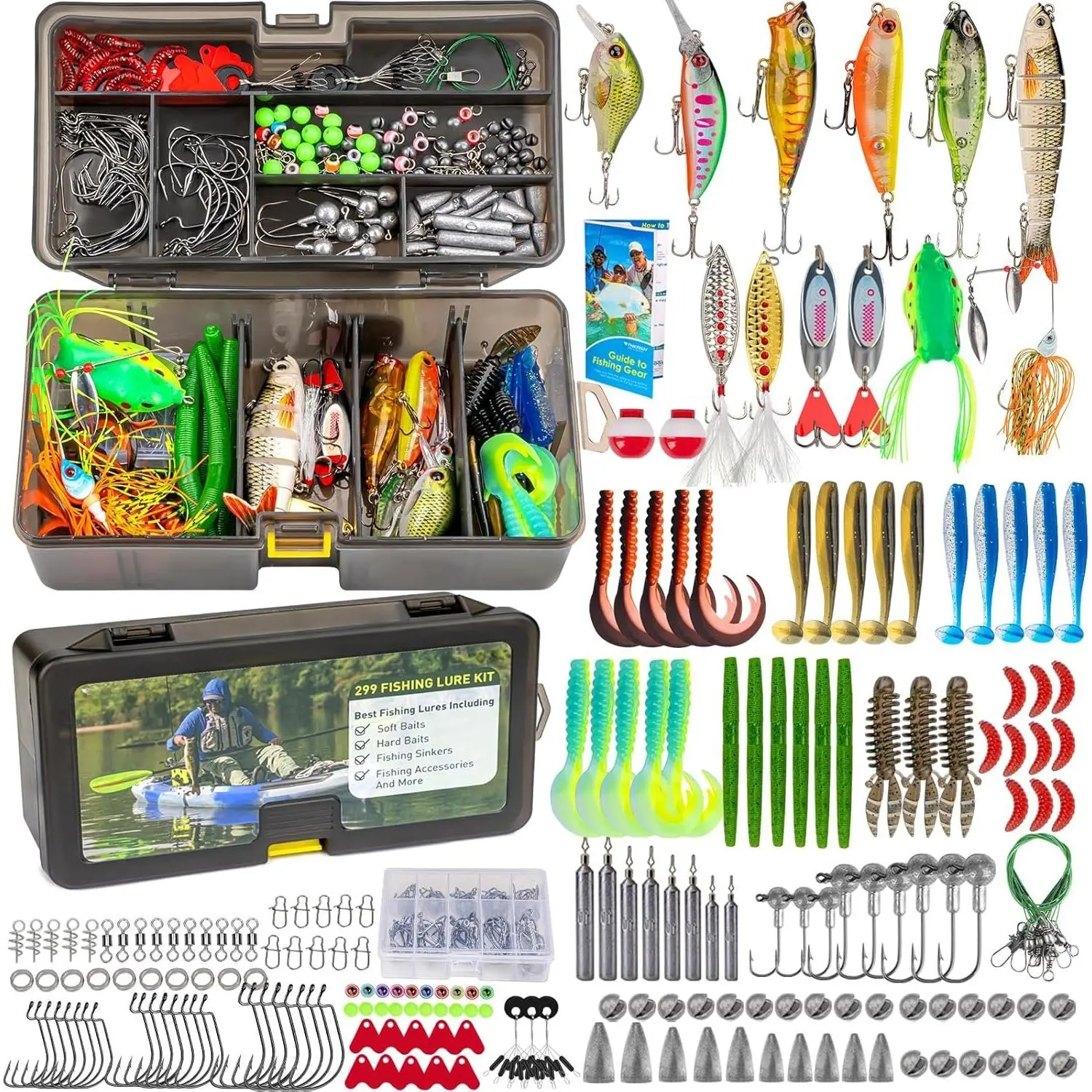 Fishing Lures Kit, Bass Fishing Gear Kit for Freshwater Tackle Box with Tackle Included Topwater Baits, Swimbaits, Frog, Fsihing  Accessories  for Men