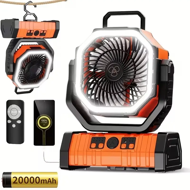 20,000mAh Camping Fan with Built-in Light—Featuring four adjustable LED brightness levels, powerful airflow, and ultra-long battery life. With its multi-speed settings and rotatable design, it is the ideal choice for tent camping and outdoor activities.