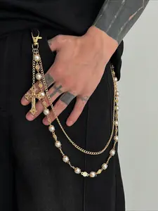 Men's Gold/Silver Pearl & Cross Pant Chain Multi-Layered Beaded Jeans Accessory for Streetwear Unisex Gothic Wallet Chain PantChain GothicStyle Adjustable Waist Chain