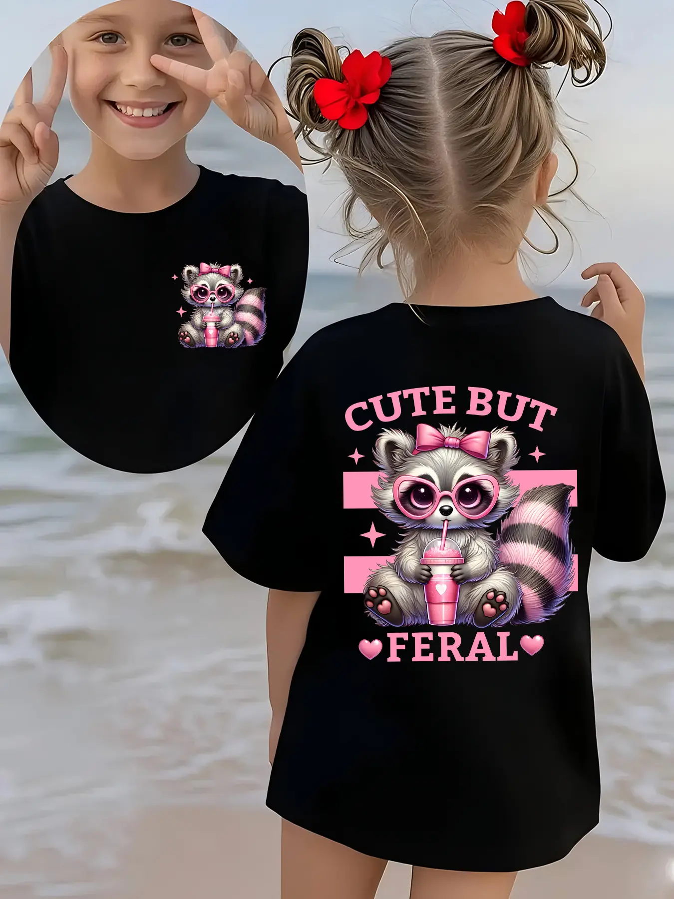 Girls "Cute But Feral" Raccoon Graphic T-Shirt, Soft Cotton Short Sleeve Tee, Funny Animal Themed Casual Top for Kids