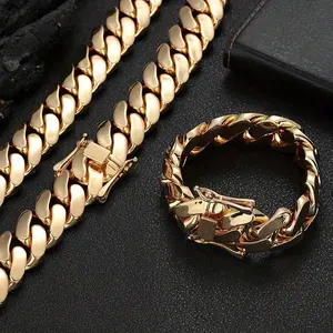 2pcs Miami Cuban Link Chain Set For Men Hip Hop Jewelry 14mm Stainless Steel 18K Golden Plated Lock Buckle Bracelet Necklace Set