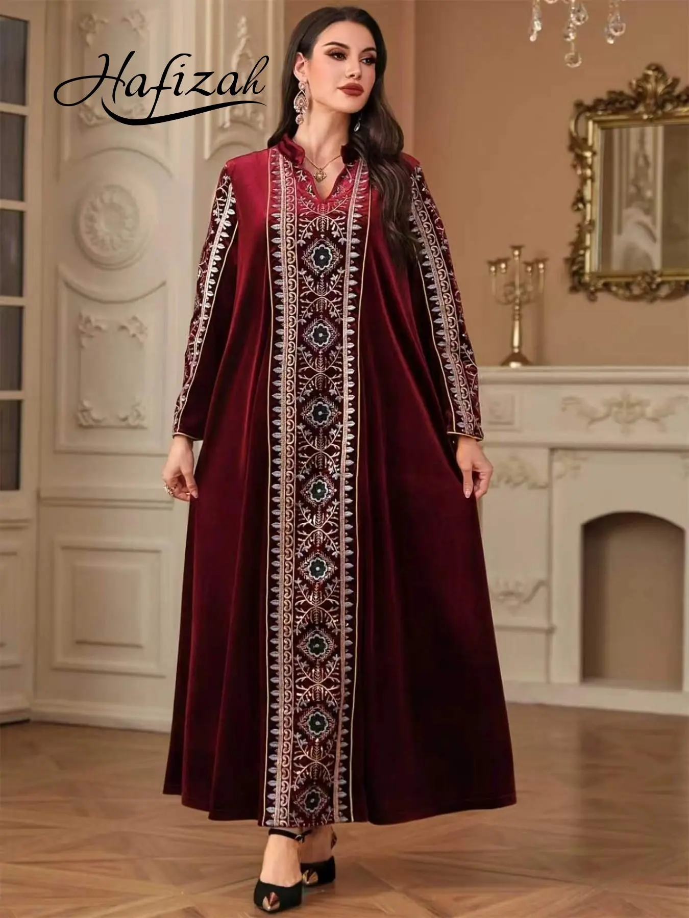 Hafizah Wine Velvet Ethnic Embroidery Traditional Islamic Abaya, Loose-Fitting Long Dress, Elegant Islamic Clothing For Muslim, Luxury Modesty Muslim Women's Clothing, Islamic Modesty Clothes, All Seasons