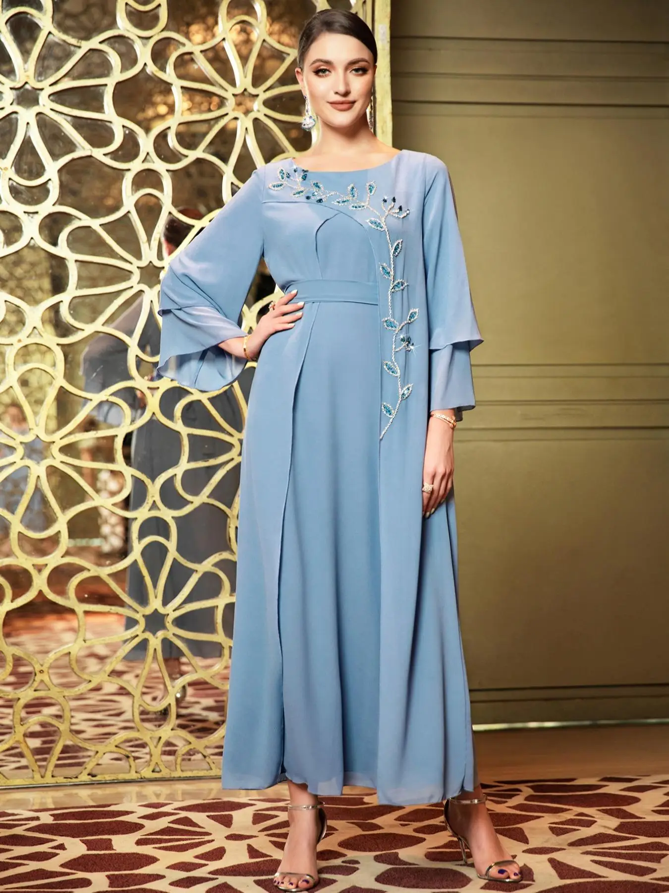 Arabic Clothing-Leaf Embroidered Rhinestone Asymmetrical Tiered Layer Belted Dress, Elegant Layered Sleeve Round Neck A Line Dress for Spring & Fall,