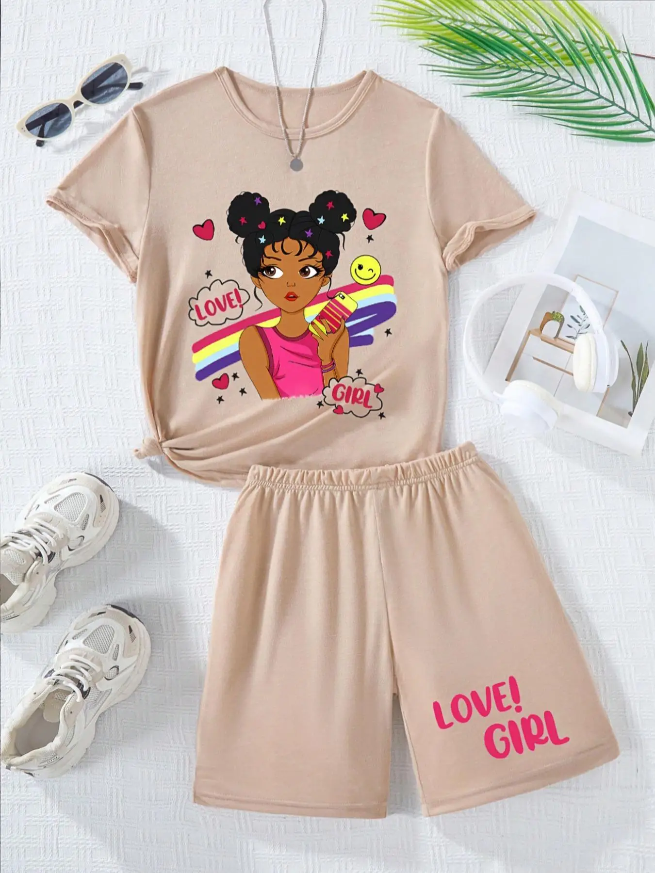 Girl's Cartoon Girl Print Tee & Shorts Two-Piece Set, Casual Fashion Round Neck Short Sleeve T-shirt & Letter Print Shorts for Daily Wear, Kids Summer