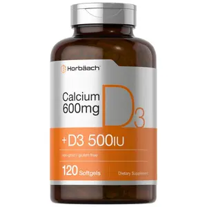 Horbäach Calcium Supplement with Vitamin D3 | 600 mg | 120 Softgels | Non-GMO & Gluten Free | For Men and Women