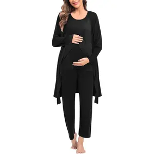 Maternity Nursing Robe Set 3 PCS Postpartum Breastfeeding Pajamas Hospital Pregnancy Pjs Double Layer Lounge Set Loungewear Nightwear Womenswear Day Homewear Elegant Nightwear Sleeve Womenswear Babies Comfy Elastic Essential Fabric Long Sleeves