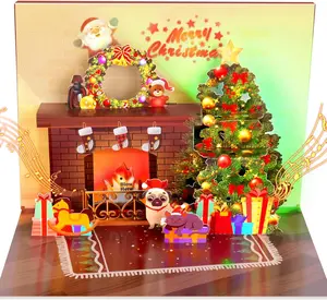 Christmas Card Pop Up with Light and Music 3D Santa Fireplace Merry Christmas Greeting Card with Envelope for Kids Girls Women Man Christmas Gift