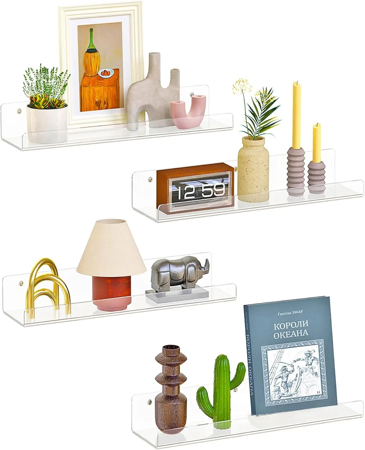 4 Pack Floating Shelves for Wall, 15" Clear Floating Wall Shelf | Acrylic Book Shelf, Display Shelves Organizer for Bathroom, Classroom, Bedroom, Living Room, Kitchen, Room Decor