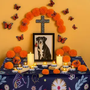 54 Pcs Dia De Los Muertos Altar Ofrenda Day of The Dead Decoration Dog Memorial Set Including Dog Skulls Tablecloth, Marigold Flowers, Mexican Cross, Butterflies and Candles for Fiesta Pet Remembrance