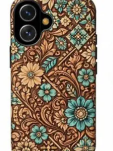 [ShieldVibe 14] Western Cowgirl Floral Turquoise Tooled Leather Tough Case for iPhone 17 16 15 14 13 12 11 Pro Max Plus XR XS 8 7 SE Mexican Rustic Arts Dual Layer Shockproof Protective Cover