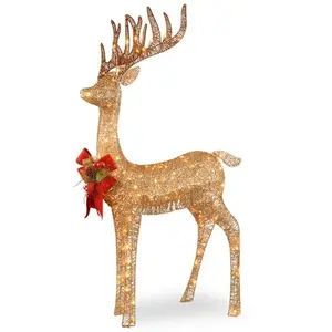 National Tree DF-105010U 48 in. Sisal Splendor Champagne Standing Deer with 105 Mini Clear Lights