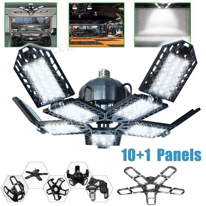 6500K LED Garage Light, 10-Panel Deformable Ceiling Lamp, 90° Adjustable Foldable Shop Light, E27 Base Super Bright Lighting for Workshop, Basement, Warehouse, Gym (Daylight White)