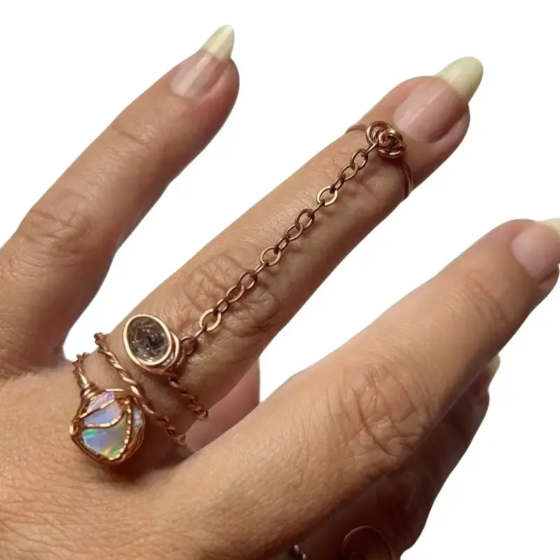 Adjustable Ring with chain - pure copper, Choose Your Crystal