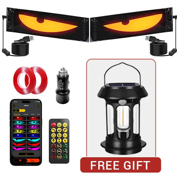 BOGO 2-Pack Programmable Dynamic Demon Eye Automotive LED Lights, Free Horse Lamp - Flexible Window Screen Animated Eye Matrix Rotating Car Decals, Vehicle LED Grill Emblem, Sticker for Cars Sunset Lights, Truck
