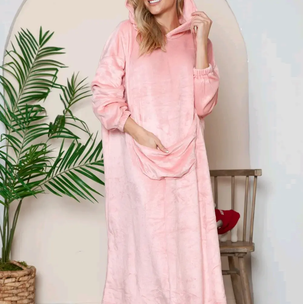 Women's Double Take Full Size Pocketed Hooded Midi Lounge Dress - Casual Womenswear