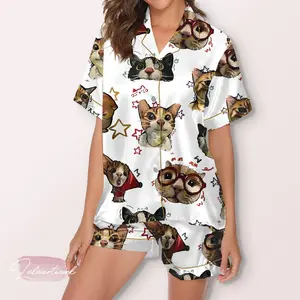Cartoon Cat Satin Pajama Set Women, Long Sleeve Top and Pants Sleepwear, Cozy Kitty Lounge Outfit, Cute Gift Idea