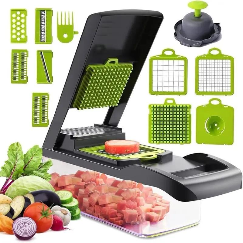 16-Piece Stainless Reusable Kitchen Fruit & Vegetable Utensil Set - Smooth Blade Cutter, Chopper, Slicer, Shredder, Grater, Interchangeable Detachable Gadgets with Ergonomic Design (650g) for Onion, Potato Preparation