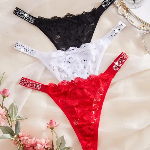 Women's Sexy Lace Thong Fashion Panties Set Lingerie, Soft Breathable Fit Rhinestone Letter Design, Multiple Colors Sizes S-L, Daily Wear & Sports Use