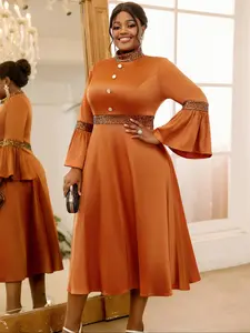 【Plus Size】 Glitter Sequins Decor Cloak Sleeve Dress, Elegant Bell Sleeve Semi-sheer Dress for Party Evening Formal Occasions, Women's Clothes for All Seasons, Womenswear