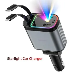 CHNKEYUN Car Charger with Starlight, 4 in 1 Retractable 66W USB C Car Charger with 2 USB Ports, Fast Car Charger Compatible with  iPhone 16 and Android