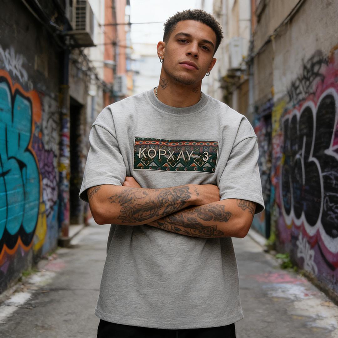 Men's Oversized Embroidered KOPXAY-3 Graphic Tee, Vintage Streetwear Cotton T-Shirt