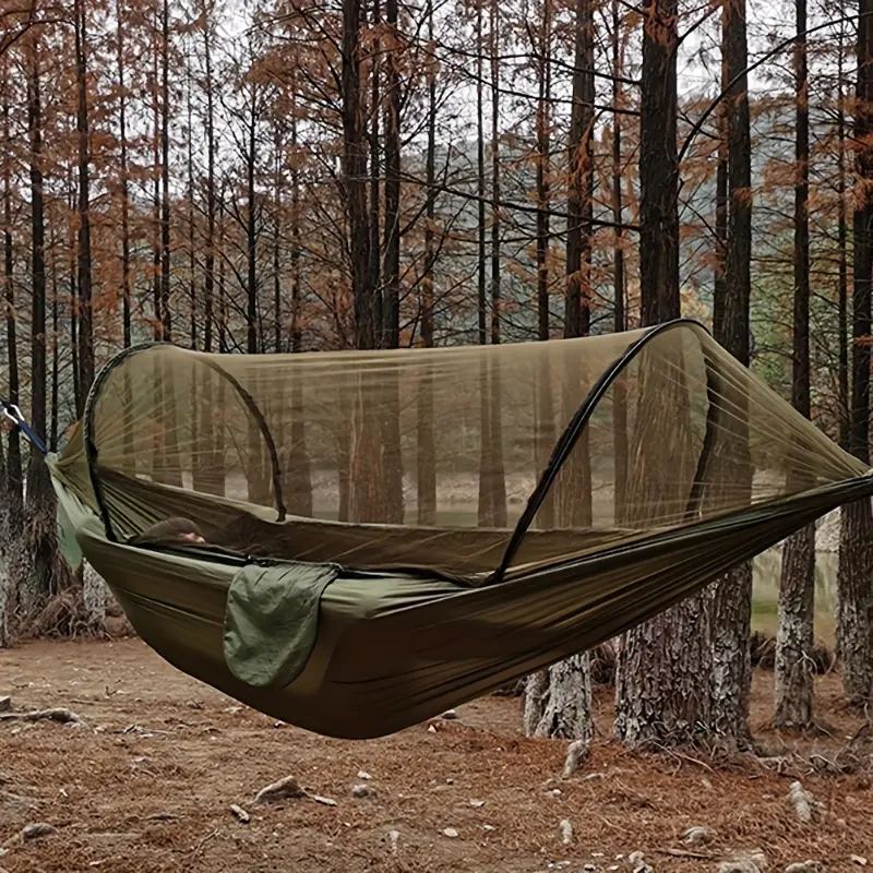 Sports Automatic Quick-Opening Mosquito Net Hammock - Lightweight Outdoor Camping Hammock with Built-In Bug Protection, Green Fabric for Forest Adventures