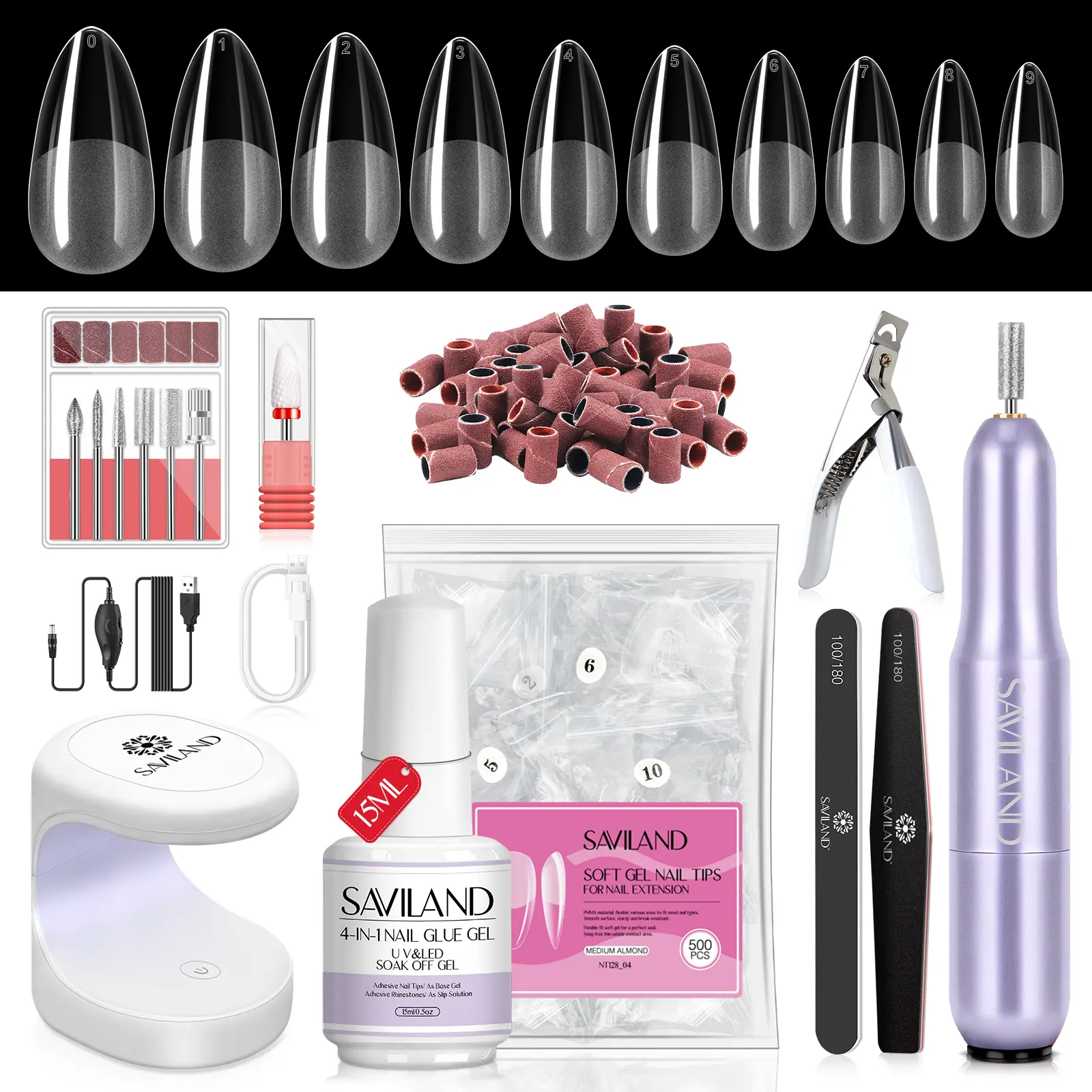 SAVILAND Almond Gel X Nail Kit: Drill UV lamp 500PCS Nail Tips Glue Gel for Easy Salon manicures Perfect for DIY Nail art & Great Gift for Women