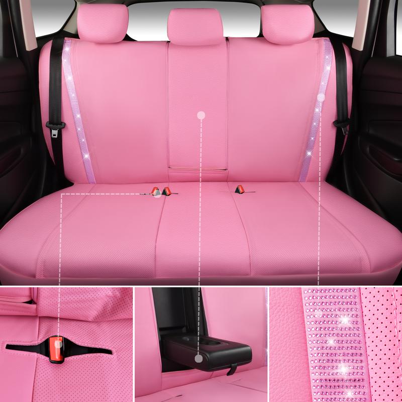 CAR PASS Bling Car Seat Covers,Shining Rhinestone Waterproof Faux Leather Pink Accessories Universal Fit Auto Glitter Crystal Sparkle,Cute Women Girl