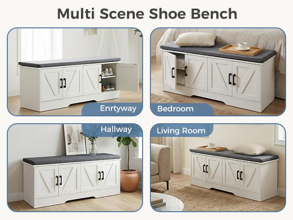 Storage Bench, Shoe Organizer Cabinet with Thickened Padded Seat Cushion, Entryway Bench with 2 Doors & Adjustable Shelf for Hallway, Bedroom, Living Room